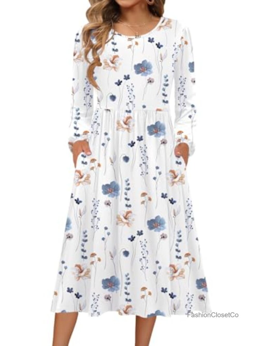 Zeagoo Women Long Sleeve A-Line Midi Dress with Pockets Casual Flowy